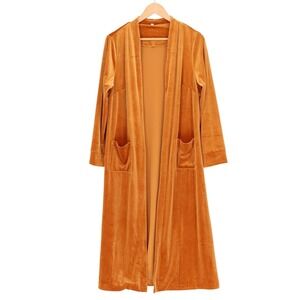 Velvet Duster Coat Womens Medium Orange Patch Pockets Long Sleeve Open Front